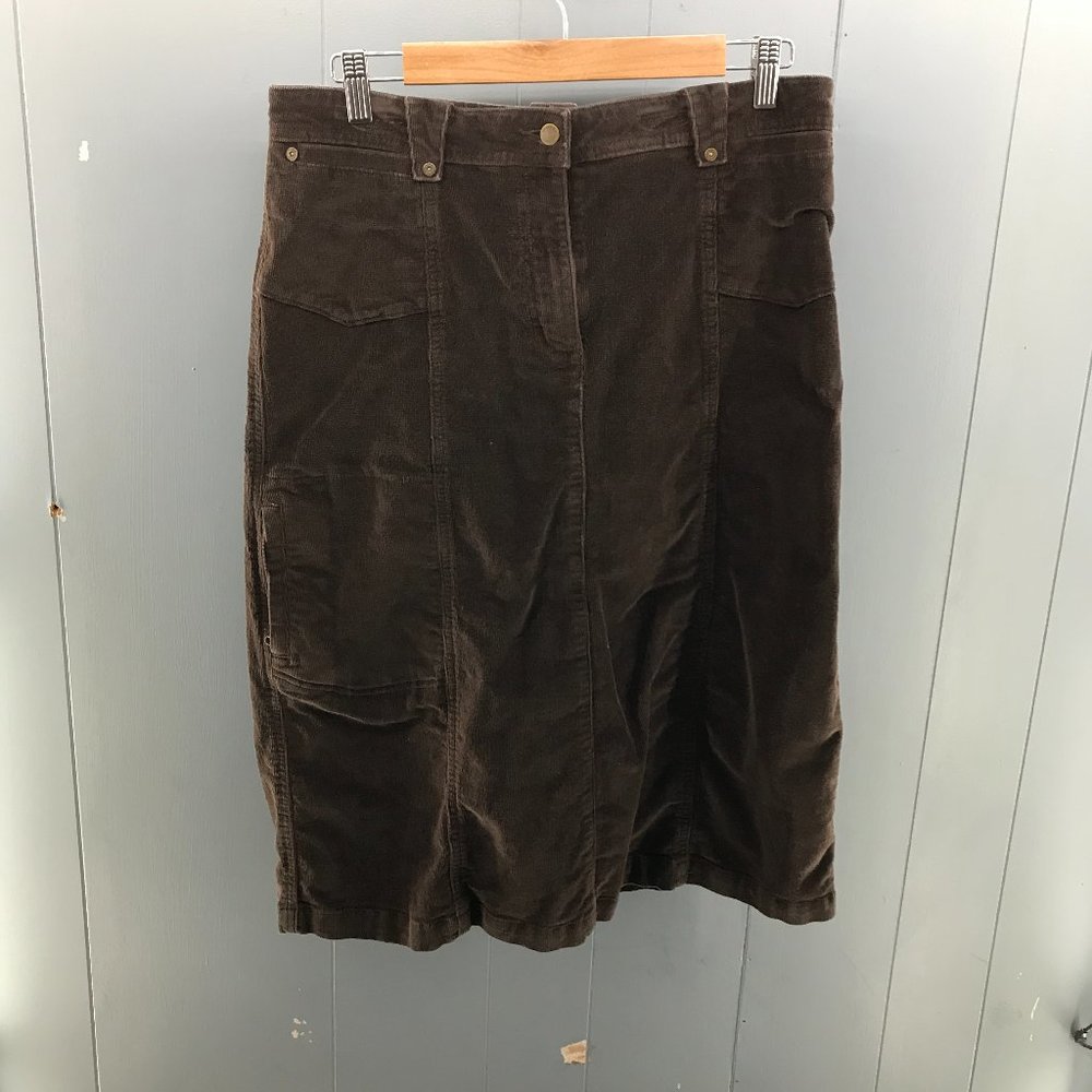 COPY - Woolrich brown stretch corduroy a-line below the knee modest skirt size …